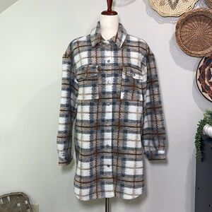 Women’s Plaid Shacket Coat Jacket Camel White Gray Grey Brown Snap Up Size Small